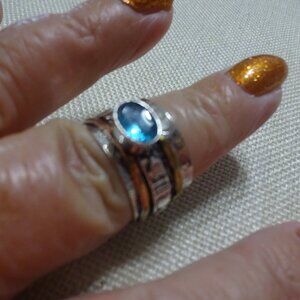 Unique BLUE TOPAZ Handmade SPINNER RING in SILVER, COPPER & GOLD sIZE 9 #578c